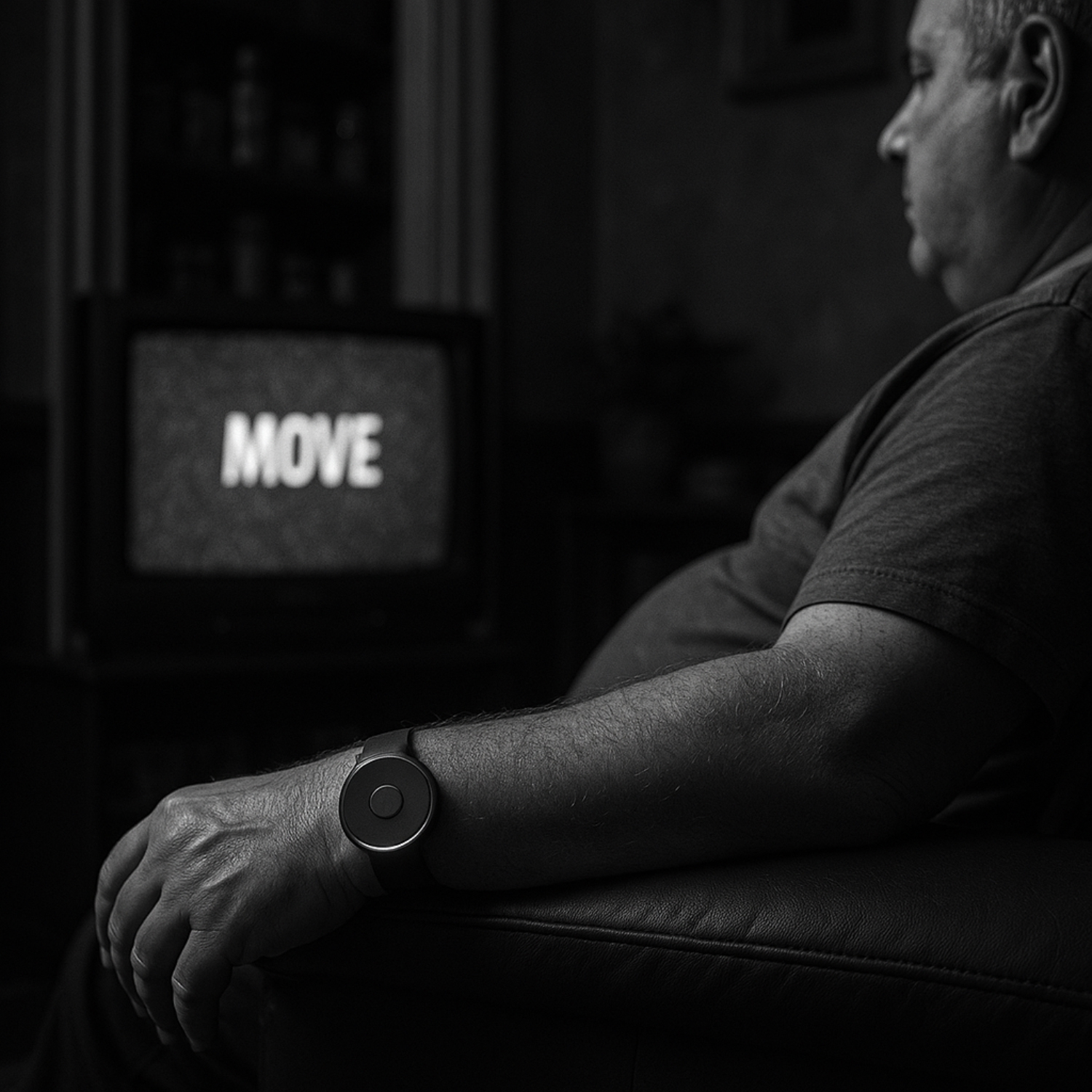Man wearing wearable device, sitting on the couch, watching TV